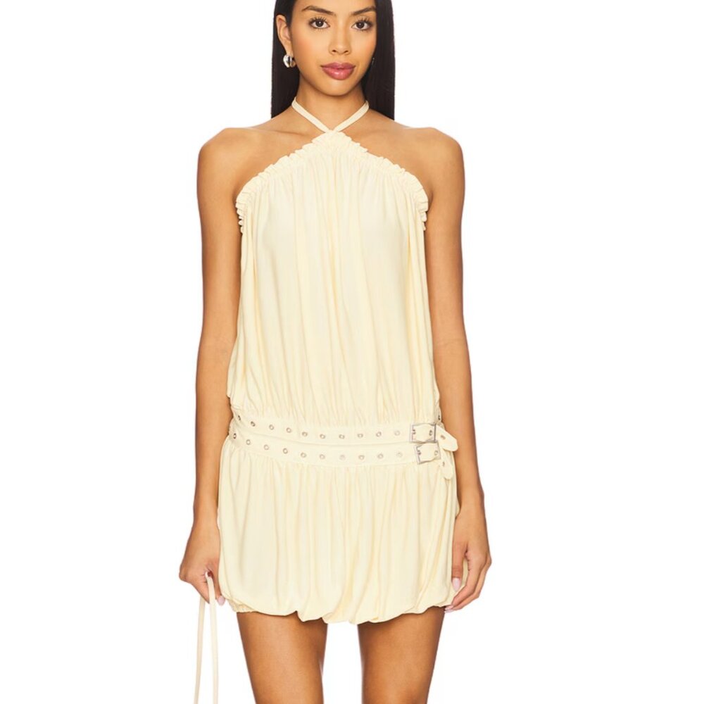 With Jean Yellow Halter Mini Dress with Belted Waist